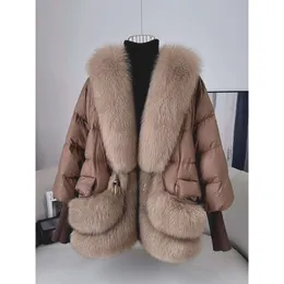 Haining Fur 2023, новинка зимы, женское пальто средней длины с воротником из лисьих перьев, теплое и модное пальто на гусином пуху 441033