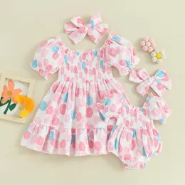 Mädchenkleider FOCUSNORM 0–5 Jahre, Kleinkind, Kinder, kleine passende Schwester-Outfits, Rüschen, kurze Puffärmel, schulterfrei, Blumen, Overalls/Kleid