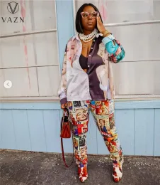 Capris Vazn 2022 Women Street Hip Hop Style Sets Lengeve Lapel Shirt Elastic Long Pants Lady Printed2ピースセット