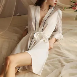 Pijamas femininos pijamas para mulheres robe quimono sexy renda v pescoço manga longa tops cetim seda macia e confortável casa wear loungewear