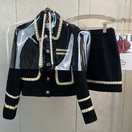 Winter Vintage Small Fragrant Black Tweed Coat Woolen Jacket Two Suit Wrap Hip Mini Skirts Dress Sets Fashion Clothes Women 240223