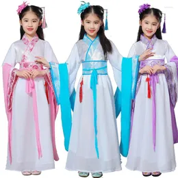 Palco desgaste crianças han terno saia meninas estilo chinês antigo super fada vestido primavera verão tang água manga dança traje hanfu