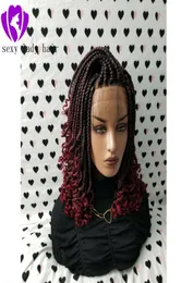 Moda trançado peruca encaracolado afro-americano ombre vermelho trançado peruca dianteira do laço sintético curto trançado perucas com pontas encaracoladas para 7452202