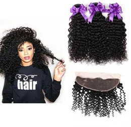 Brasileiro Kinky Curly Human Hair Bundles com Frontal Brasileiro Virgin Hair Weave Jerry Kinky Curly 3 Pacotes com 13x4 Lace Front7772945