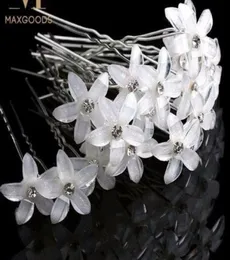 20 pçsset flores brancas hairpin vara casamento feminino nupcial flores de cristal hairpin em forma de u clipe acessórios para o cabelo whole4754071