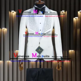 Suits Luxury Crystal Yakası Damatının Düğün Takımı Beyaz Jakard Erkekler 2 PCS Setleri İnce Erkek Parti Smokin Kostüm Homme Pour Mariage