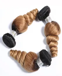 T1B27 Бразильские пучки свободных волн 2 тона Ombre Плетение человеческих волос 34 шт. От черного до светлого выдувного весеннего распущенного локона волос6198224