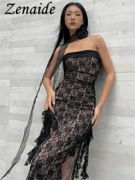 Dress Zenaide Ruffles Lace Floral Sexy Strapless Dress Midi Bodycon Backless Tassel Dresses Women Summer 2024