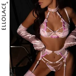 Ellolace Fancy Lingerie Sinnliche Feen-Unterwäsche, 4-teiliger Neckholder-BH, ausgeschnittene Tangas, zarte Luxus-Spitze, exotische Sets, Sissy-Outfit 240305