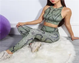 Animal impressão pele de cobra 2 peça conjunto yoga leggings roupas de fitness treino sutiã verde ginásio collants esportes ativo wear topo colheita sexy8833366