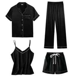 Capris Silk Pamas for Women Home Suit Short Sleeve Shirt + Pants Pajamas 세트 새틴 나이트웨어 잠자기 잠옷 Nightgown Pijama Verano Mujer