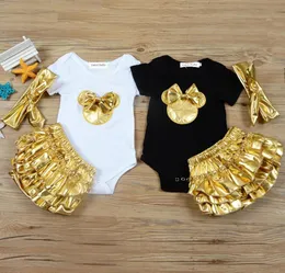 女の赤ちゃんの服3PCS服セット綿ベイビーロンパーズゴールデンブルマーショーツヘッドバンド新生児服の赤ちゃんの衣装幼児3651294