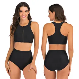 Mulheres de banho zip frente corte alto cintura alta biquíni conjunto racerback esporte duas peças maiôs maiô controle barriga