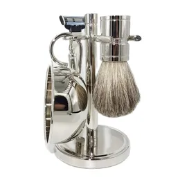 Badger Hair Beard Cleaning rakborste skummande tvålskåluppsättning 4-delad Razor Tool Kit för män 240228