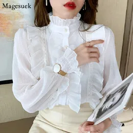 Coreano feminino elegante chiffon camisa e blusas chique manga longa rendas babados gola casual solto branco topos mulher 13433 240223