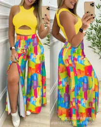 Capris Two Piece Set Womens Outefits 2022 Summer New Fashion Round Neck Sleeveless Short Top Contrast Color Split Wide Leg Pants Set