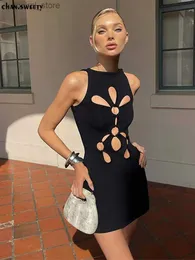 Umstandskleider Sexy aushöhlen ärmelloses Minikleid für Frauen, elegant, figurbetont, Rundhalsausschnitt, schwarz, schmale Kleider, 2024, weibliche Abendparty, Vestidos L240308