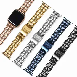 Bänder sehen sieben Perlen Metall Edelstahlgurt mit Versicherungsschnalle für Uhrenband -Armband Link IWatch Serise 7 SE 6 5 4 3 Uhrenband 240308