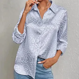Kadın bluzları Kadınlar V Boyun Uzun Kollu Düğme Aşağı Saten Ofis Elbise Gömlek Leopar Yüksek Düşük Hem İş Bluz