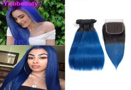 Pacotes de cabelo virgem brasileiro com fechos em linha reta 1b azul 3 pacotes com fechamento de renda 4x4 dois tons cor 1bblue 4pcs2720591