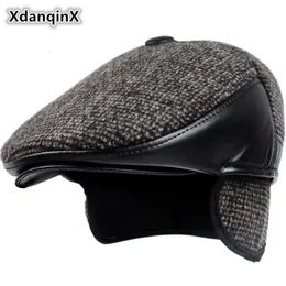 XDANQINX Winter Mens Hat wełniane gęste ciepłe berety z uszami męski kości tato ciężarówek Pluszowe czapki puchowe 240227