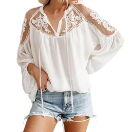 Women's T Shirts Loose T-Shirt Fashion Casual Lace Splicing See-Through Tops V-Neck Long Sleeve Solid Color Summer Round Neck