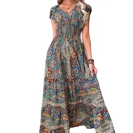 High-waisted Floral Dress Feminine Casual Style with V-neck Robe Grande Taille Femme Modest Evening Dress