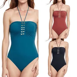 2024 New Women's One Piece Sexy Hanging Neck Soft Bag Metal Ring Swimsuit