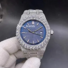 Ice Out Erkekler Tam Elmas Saatler Erkekler İçin Mavi Yüz Otomatik Mekanik Kollwatch Hareketi Su Geçirmez 42mm 15110263K