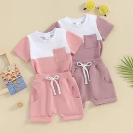 Clothing Sets Girls Contrast Color Set Round Neck Short Sleeve Tops Elastic Waist Folded Hem Shorts Infant Toddler 2 Piece Outfits