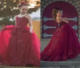 2019 New Burgundy Crystals Beaded Girls Pageant Dresses Spaghetti Straps Tulle Long Formal Kids First Oncomion Gowns Lace Appliqu5433951