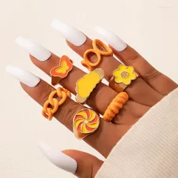 Cluster Rings 7pcs/sets Punk Butterfly Alloy Drop Ring Sets For Women Orange Flower Painting Geometric Opening Party Jewelry