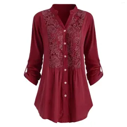 Damenblusen, langärmelige Bluse für Damen, trendige Oberteile, elegantes Henley-Häkelhemd mit V-Ausschnitt und Blumenspitze