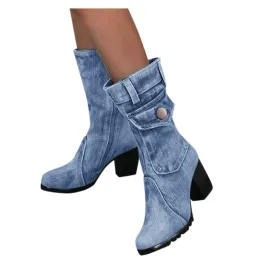 Jeans Blaue Jeansstiefel Damen Midrise Rome Solid SlipOn Chunky Med Heels Stiefel Wild Vintage Große Größe Damenschuhe