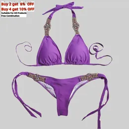 Kvinnors badkläder Summer New Crystal Diamond Purple Bikini Set Womens Two Piece Yellow Swimsuit Sexig Leopard Swimwear Solid Beachwear S-XL L240308