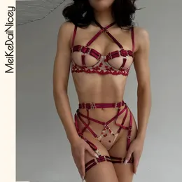 Meikedainicey Halter Bandage Lingerie Set Women 3 조각 에로틱 세트 심장 버튼 고딕 양식 가터 키트 240305