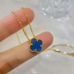 Fanjia V Lucky Four Leaf Grass Edition Plated Gold Blue Agate Single Flower Necklace for Women High in Beauty Simple and