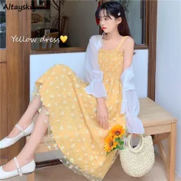 Klänningar klänningar kvinnor kawaii daisy blommor mönster söt sommar spaghetti remmar flickaktiga preppy stil ny samling ulzzang vestidos ins in