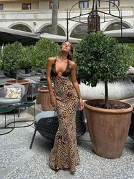 Sexy Leopard Spitze Patchwork Maxi Halter Kleid für Frauen Mode Tiefem V-ausschnitt Backless Lange Kleider 2024 Weibliche Urlaub Vestidos