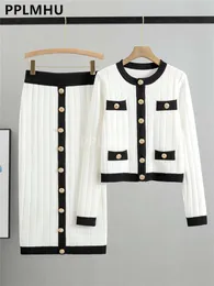 Conjunto de saias de malha vintage coreano, feminino, novo fino, gola redonda, suéter curto, 2 peças, ternos chiques, conjunto de malhas faldas