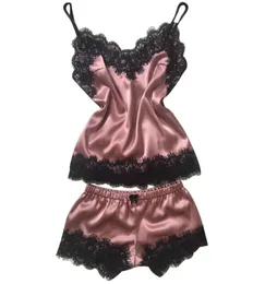 2018 Women039S Sleepwear Babydoll Lingerie Sexy Satin Pajama Set Black Lace Vneck Pajamas Slights Cute Cami Top and Sho8773920