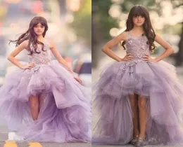 2019 New Girls Pageant Dresses Princess Tulle High Low Length 레이스 아플리케 라일락 어린이 꽃 여자 드레스 볼 가운 저렴한 birthda6941420