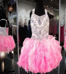 CRYSTAL BEADED GLITZ CUPCAKE PAGEANT Dresses Puffy Organza Ruffled Feather Pink Ivory Ball Gown Toddler Little Girls Birthday Part4537247