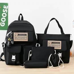 5 datorer sätter kvinnor ryggsäck harajuku canvas skolväskor för tonårsflickor kawaii college student bok väska bärbar ryggsäck 240304