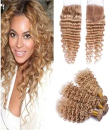 Tiefe Welle 27 Honigblond 4x4 Spitzenverschluss mit Weaves-Extensions jungfräuliches brasilianisches hellbraunes Echthaar 3 Bündel Angebote mit Clo2781538