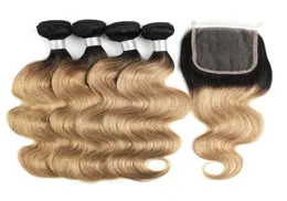 1B 27 Ombre Fasci di capelli biondi miele con chiusura Estensioni dei capelli indiani dell'onda del corpo 4 pacchi con chiusura in pizzo 4x4 Remy Human Hai3106305