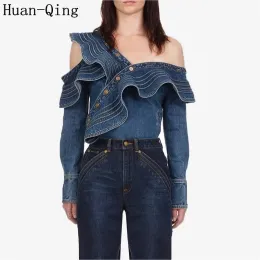 T-Shirt Self Portrait Denim Blouse Runway Women Sexy OffTheShoulder Long Sleeve Irregular Blouse Tops Blusas Mujer Ruffles Shirts Tees