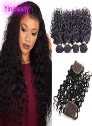 Brazilian Water Wave 4 Bundles With 4X4 Lace Closure 5pcslot Wet And Wavy Virgin Human Hair Bundles With Closures Middle Thr3765771