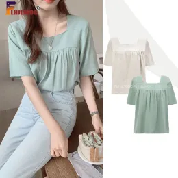 Camicie Top in cotone e lino Estate casual carino dolce stile preppy ragazze colletto quadrato verde camicie da donna camicette abbigliamento vintage