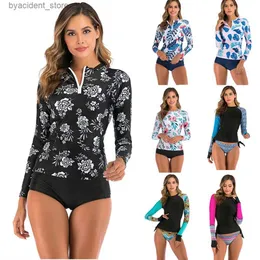 Mulheres Swimwear Manga Longa Rash Guard Mulheres Imprimir Duas Peças Maiô Zipper Swimwear Plus Size Maiô S-2XL Surf Terno Alto Pescoço Praia L240308